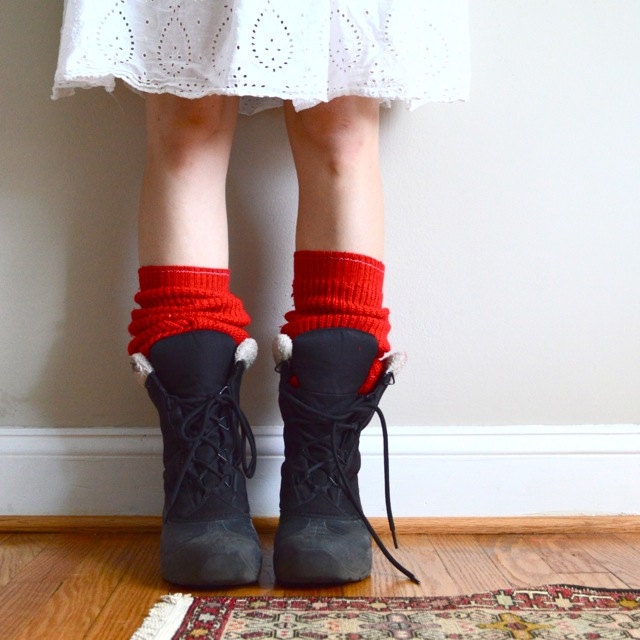 Lumberjack leg warmers. Red knit. Upcycled. Perfect for boots & flats.