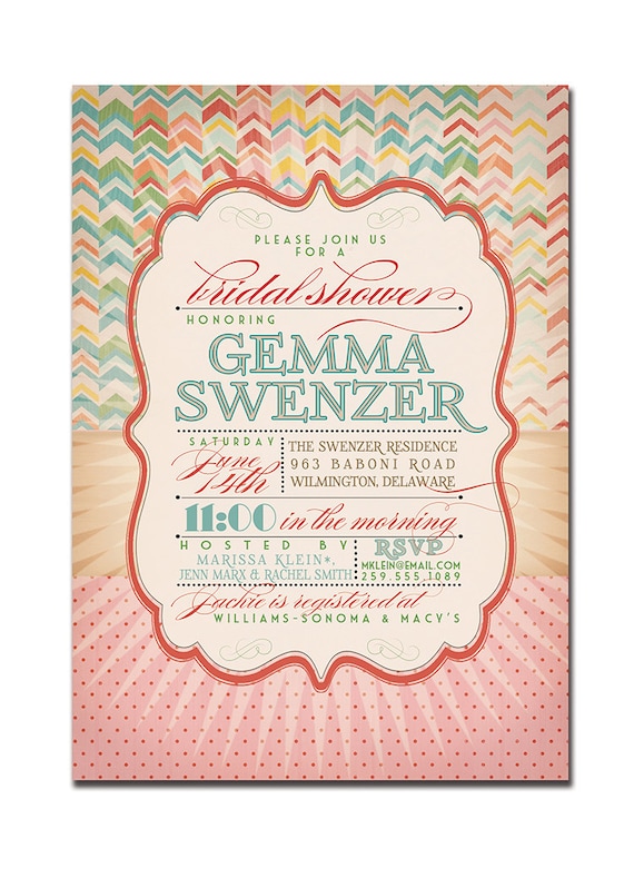 Bridal Shower Invitation Vintage Rustic Birthday Invitation Rainbow Chevron Typography Poster Printable Digital or Printed - Gemma Style