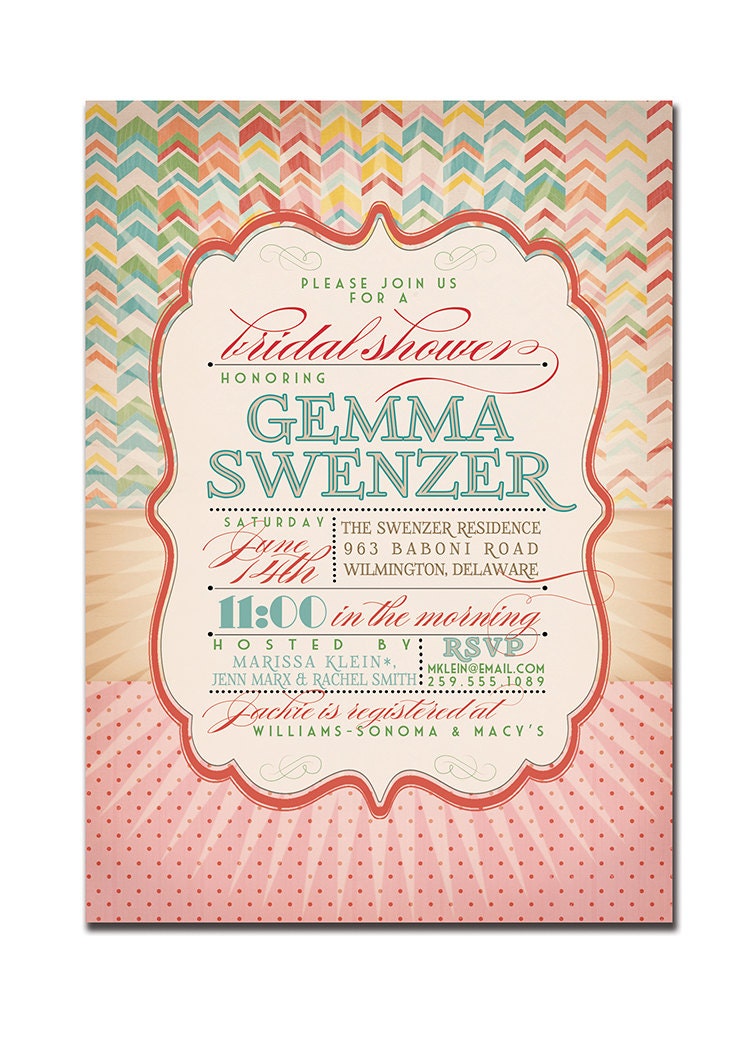 Bridal Shower Invitation Vintage Rustic Birthday Invitation Rainbow Chevron Typography Poster Printable Digital or Printed - Gemma Style