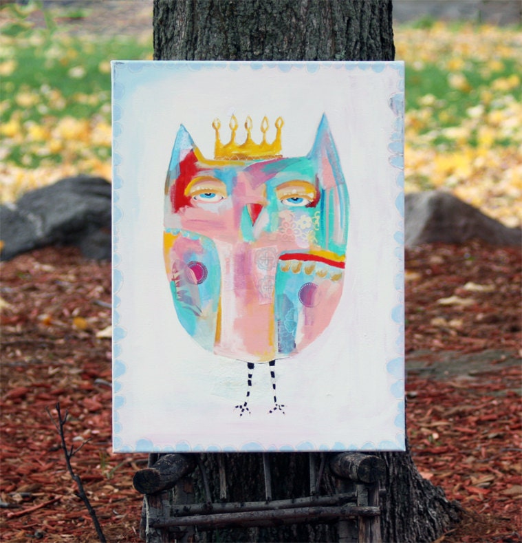 OWL original painting, nursery art, acrylic on canvas, mixed media, childrens room art, whimsical art, 18x24