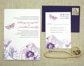 Modern Vintage Floral Wedding Invitation, Purple, Chic, Butterfly, Script Font