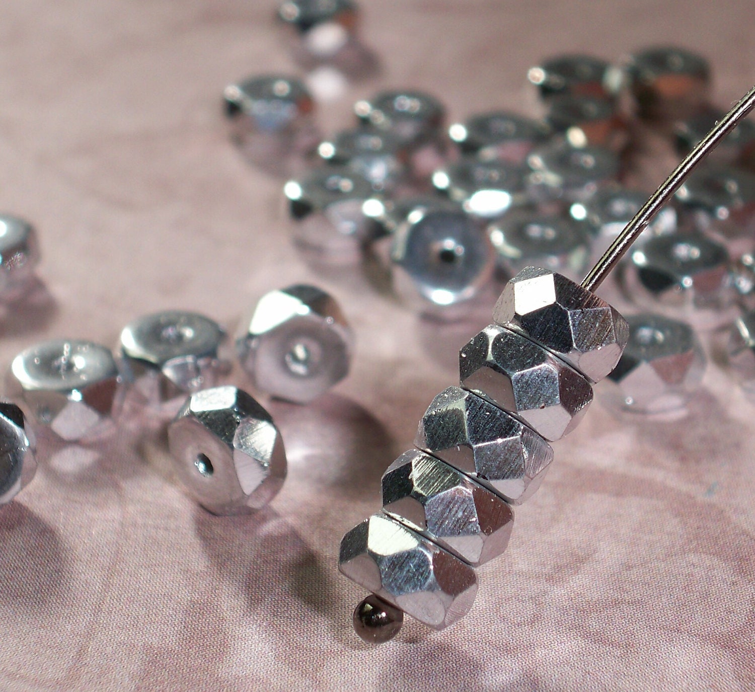Silver 6x3mm Bead Czech Glass Rondelle Faceted Metallic SHIMMER (25)