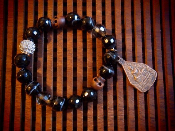 Onyx Bracelet with Vintage Charm & Skulls