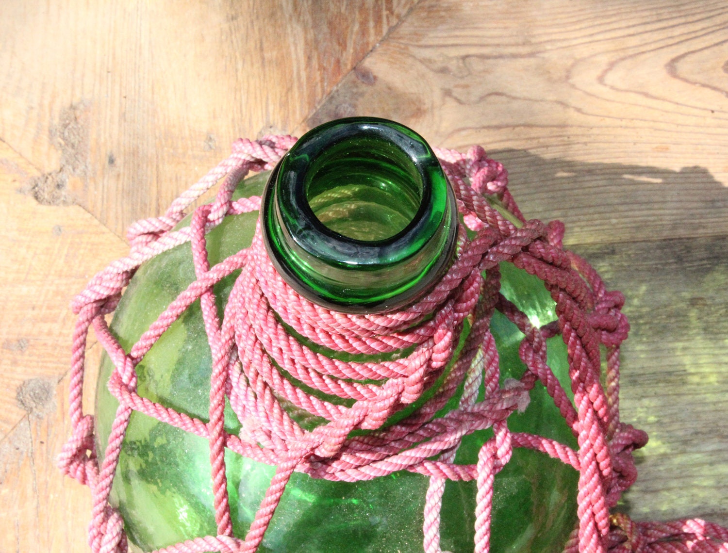 Beach Decor Grass Green Glass Rum Jug Red Rope Netting  by SEASTYLE