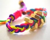 Rainbow Steampunk Hex Nut Neon Pink Gold Braided Bracelet Pull Tie