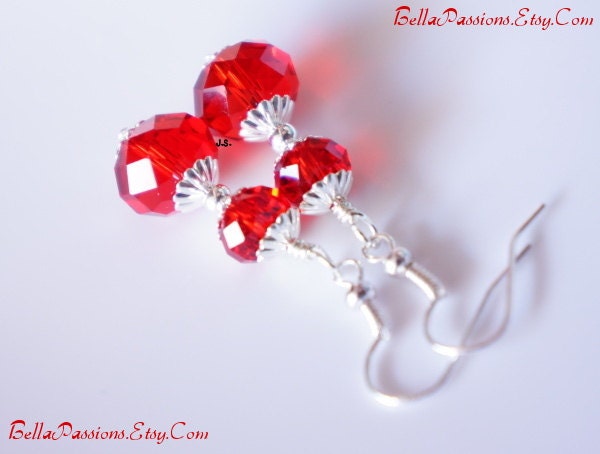 Ruby Red Glass Earrings, Red Earrings, Glass Earrings, Ruby Red, Rondelle, Wire-Wrapped, Handmade, Silver, Christmas Gift, New Years