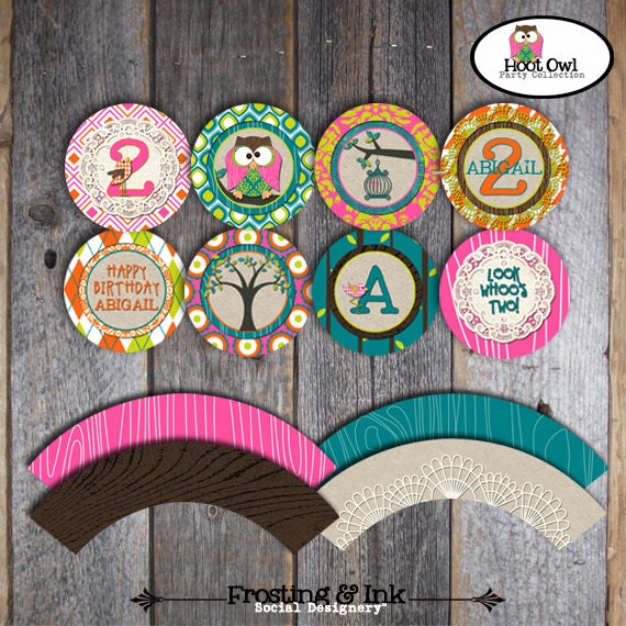 Owl Party - Night Owl Birthday Party - Cupcake Toppers & Cupcake Wrappers - Customized Printable (Owl, Night Owl, Pajama Party, Woodland)