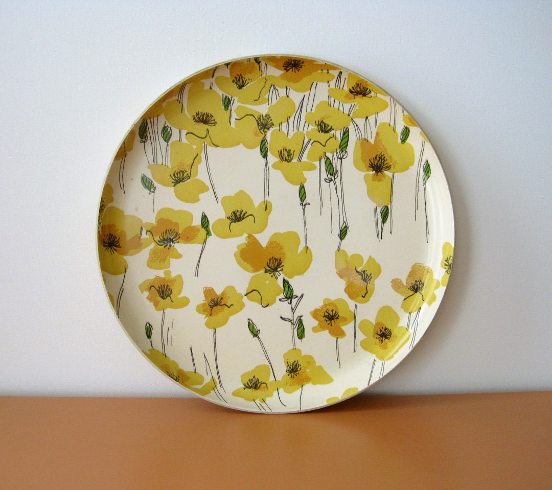 Vintage Serving Tray, Yellow Pop Art Flowers