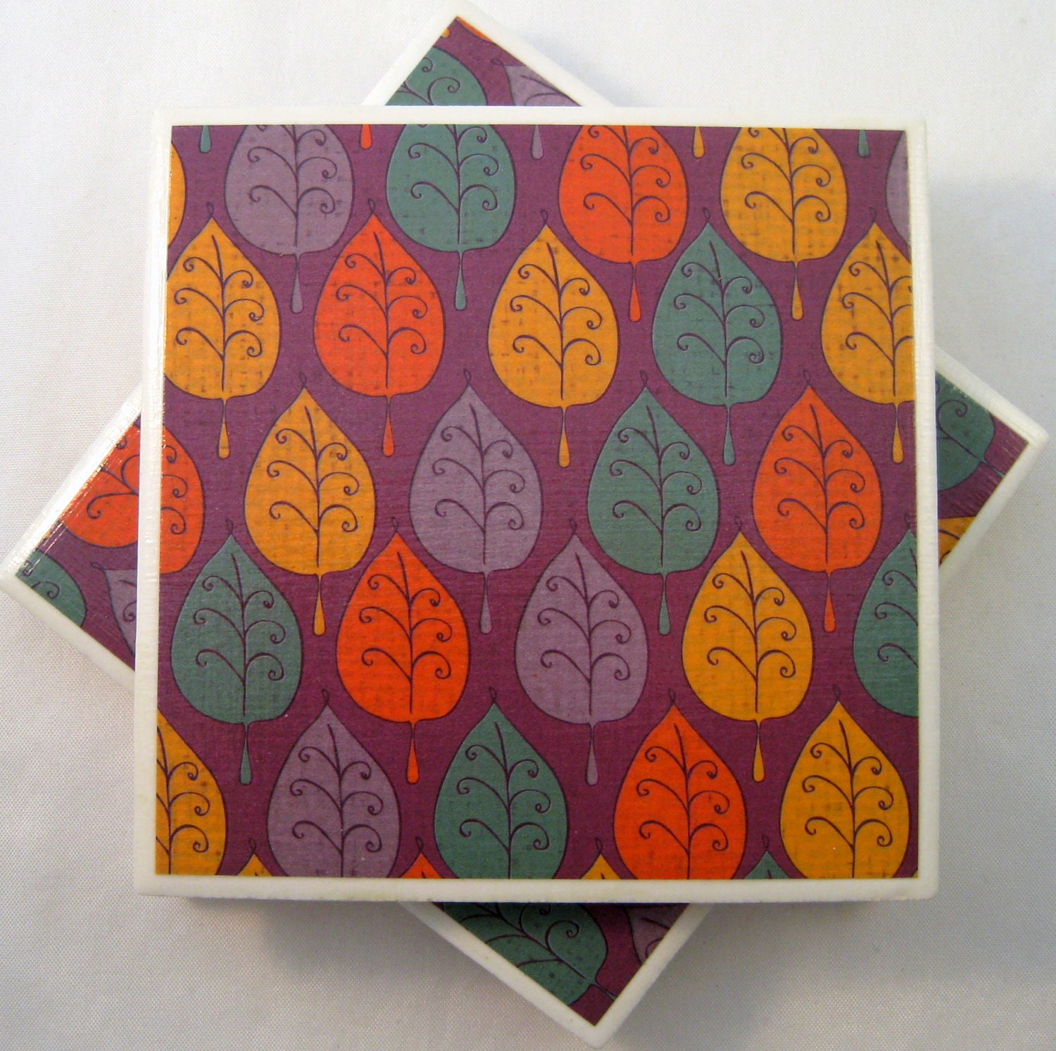 Three Autumn Leaf Coasters - Purple, Gold, Yellow, Orange, Teal (Turquoise)