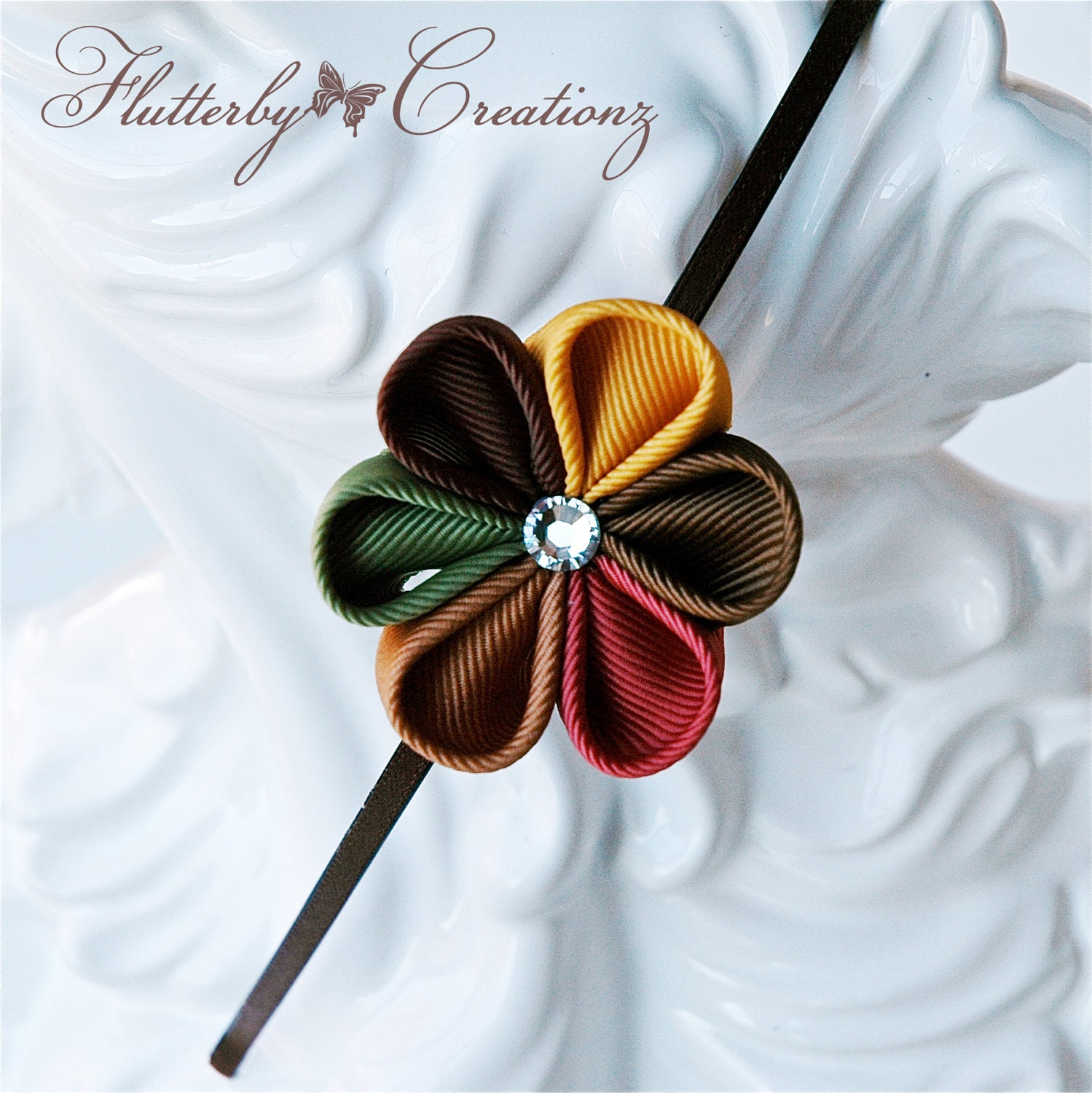 6 Petal Fall Colors Kanzashi Flower Headband with Swarovski Crystal - Fall Autumn Thanksgiving Gifts Toddler Girl Teen Ladies Women