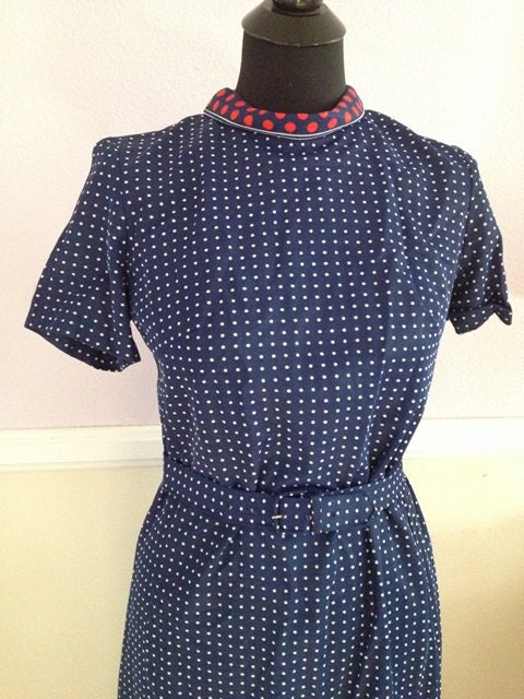 NWT Original Vintage 1970's Blue White polka dot Mod Scooter Retro Dress W/ Belt  Rockabilly mad men