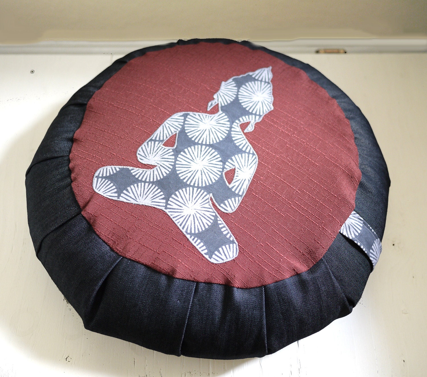 Buddha applique meditation cushion / zafu / pouf (COVER ONLY) coral and grey - modern, eco-friendly, made with recycled fabric