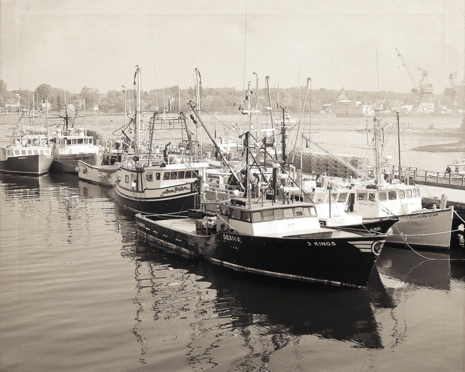 Fishing Boats Harbor Piscataqua River Vintage Feel Black and White Portsmouth NH Dock Ocean Coastal Art, 8 x 10 Fine Art Print