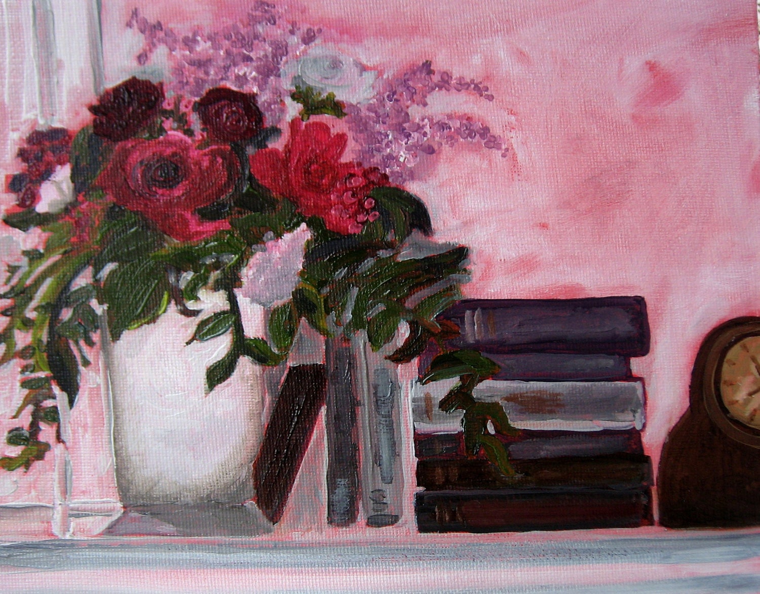 Roses and Books, oil painting, still life, original, flowers, clocks, books, painting, decor, handmade - maureencarrigan