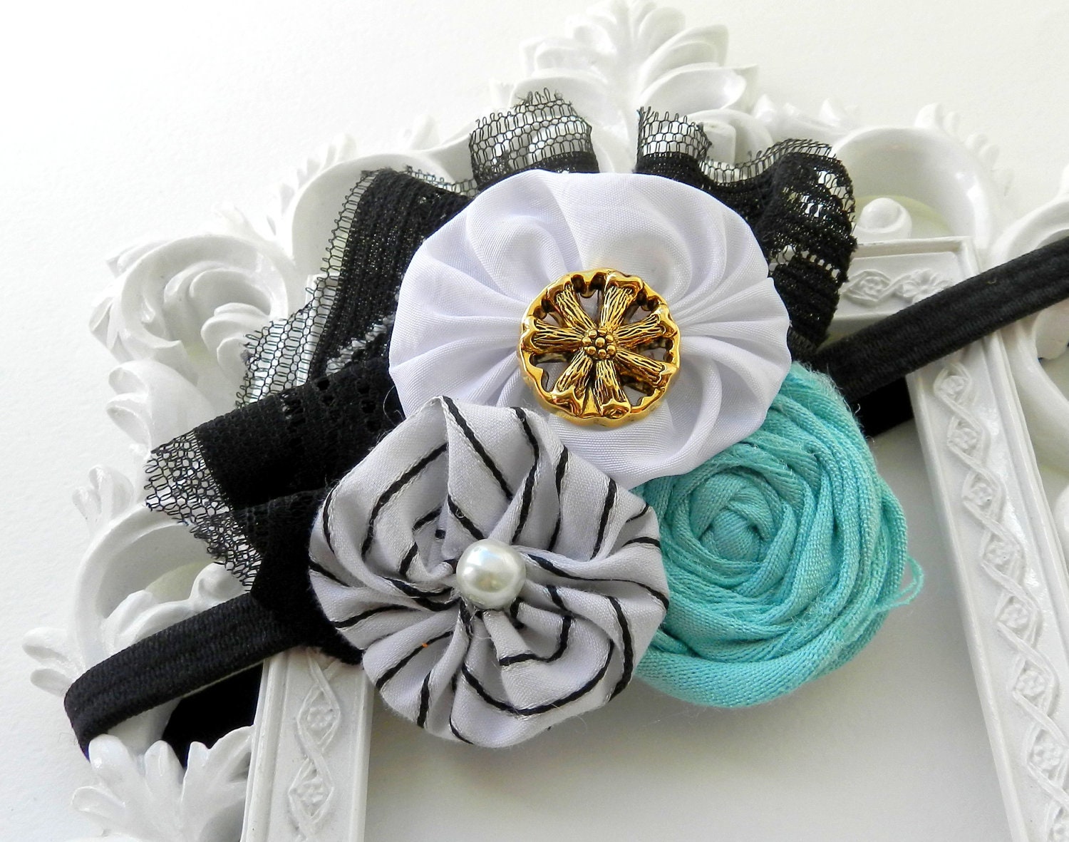 Bridesmaid Hair Clip, Tiffany Blue Headband, Newborn Flower Headband, Baby Headband, Tiffany Blue and Black Hair Clip, Bridesmaid Hair Clip