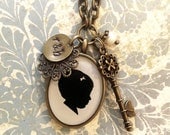 Custom Brass Silhouette Necklace with Skeleton Key Charm, Stamped tag and Pearl Dangle for Mother