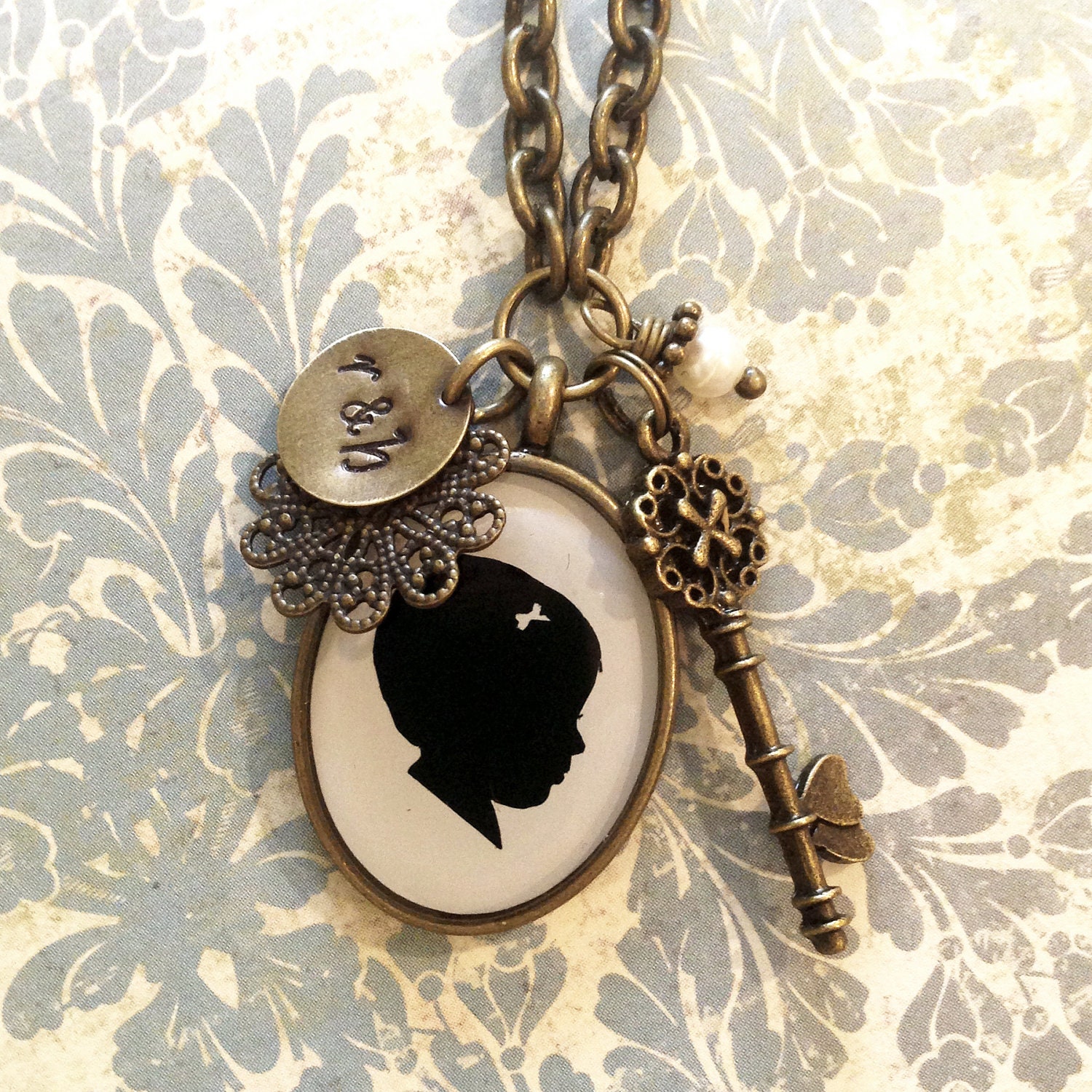 Custom Brass Silhouette Necklace with Skeleton Key Charm, Stamped tag and Pearl Dangle for Mother