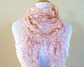Womens scarf PEACH BEIGE with floral pattern and rich lace edge - scarflette shawl neckwarmer - Spring / Summer
