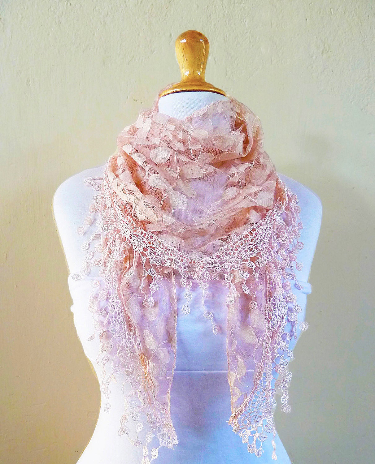 Womens scarf PEACH BEIGE with floral pattern and rich lace edge - scarflette shawl neckwarmer - Spring / Summer