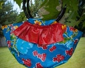 Oilcloth Purse-Bright Blue and red floral print with bamboo handles