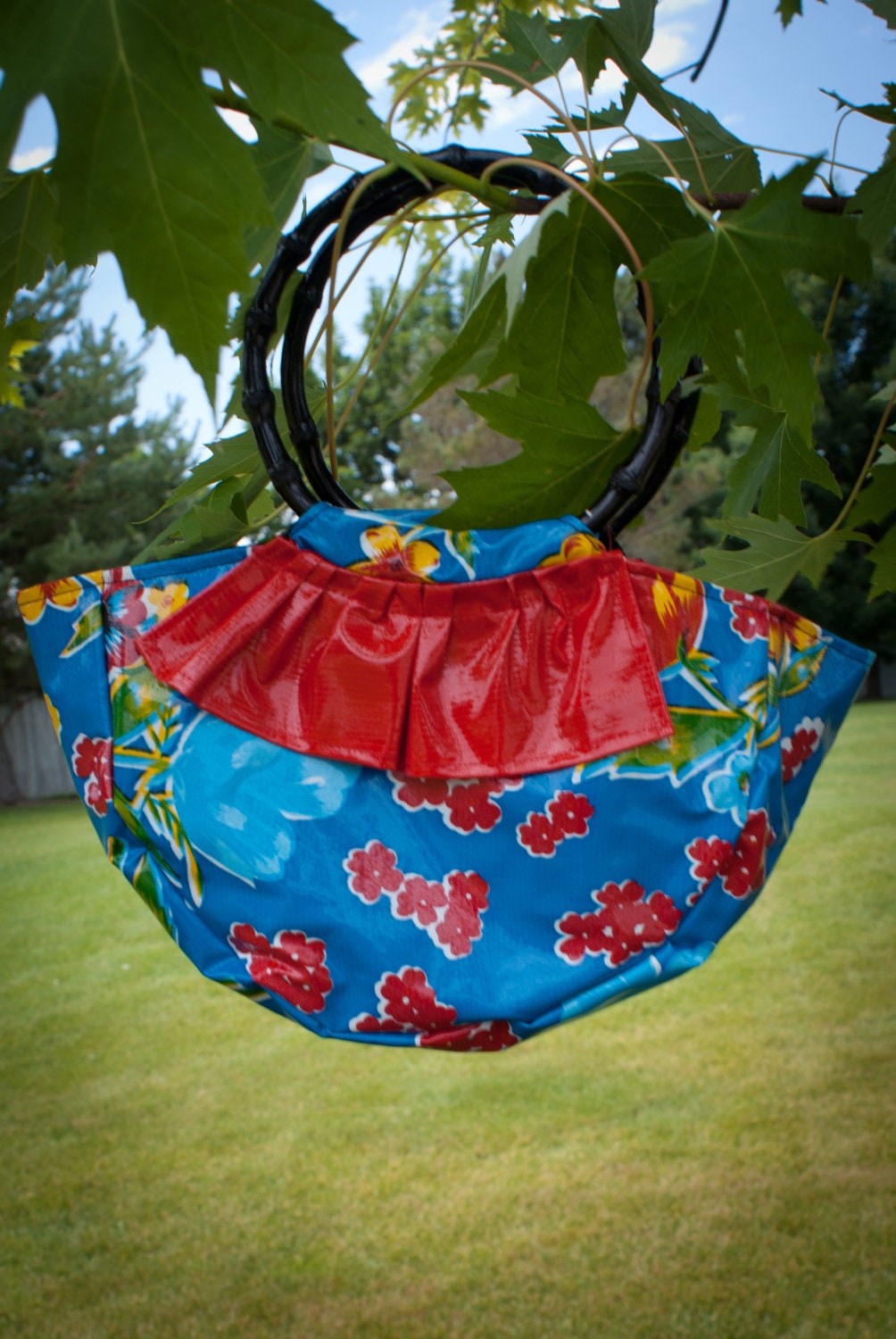 Oilcloth Purse-Bright Blue and red floral print with bamboo handles
