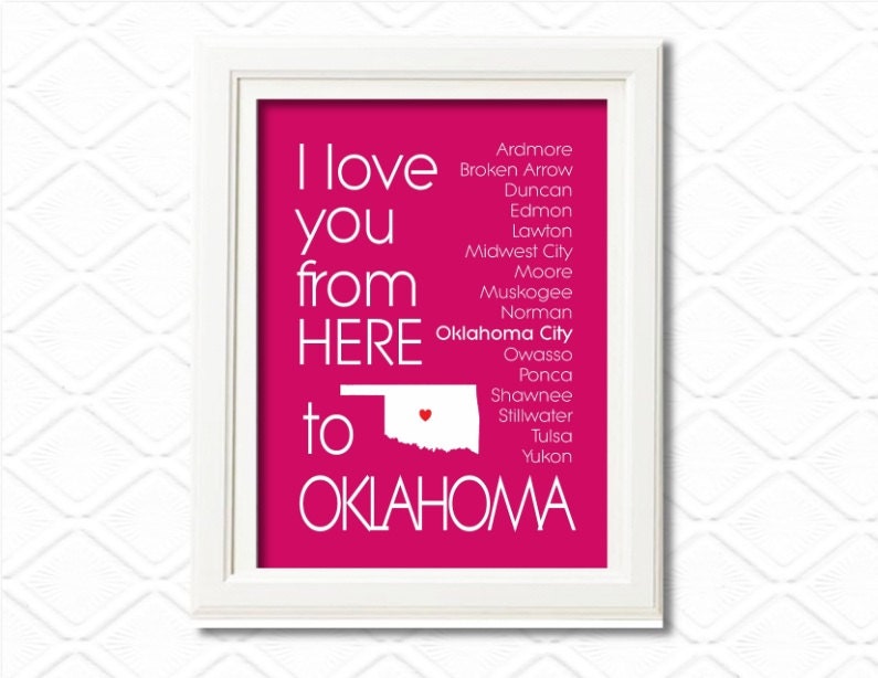 Oklahoma Art - I Love You from here to Oklahoma, 8x10 - Custom background and cities - I love you gift