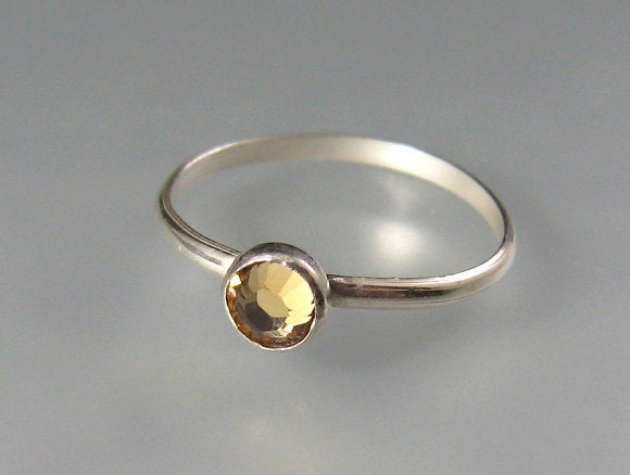Topaz crystal stacking ring in sterling silver - small 5mm light golden topaz Swarovski crystal cocktail ring - November birthstone ring