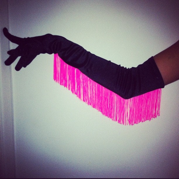shimmy. long black satin gloves with neon hot pink fringe.