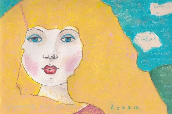 Bright & Colorful Children's Art, Whimsical Fine Art Wall Decor, Dreamy Little Girl, Mixed Media Art Print - "Dream"