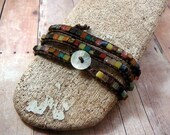 Leather Wrap Bracelet - Multi Colored Gemstone Cubes, Triple Wrap, Mother of Pearl Closure. Knotted Leather