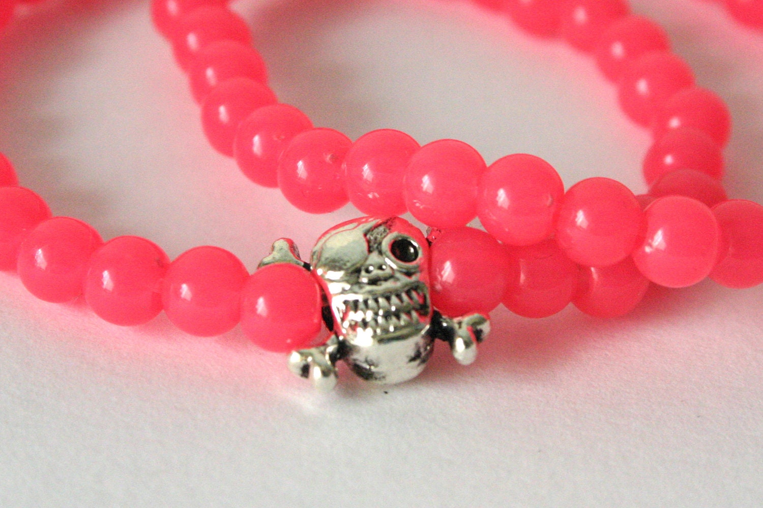 Beaded Bracelet Silver Skull Neon Pink Bracelet Stretch Stackable Bracelet Set of Two Bracelets