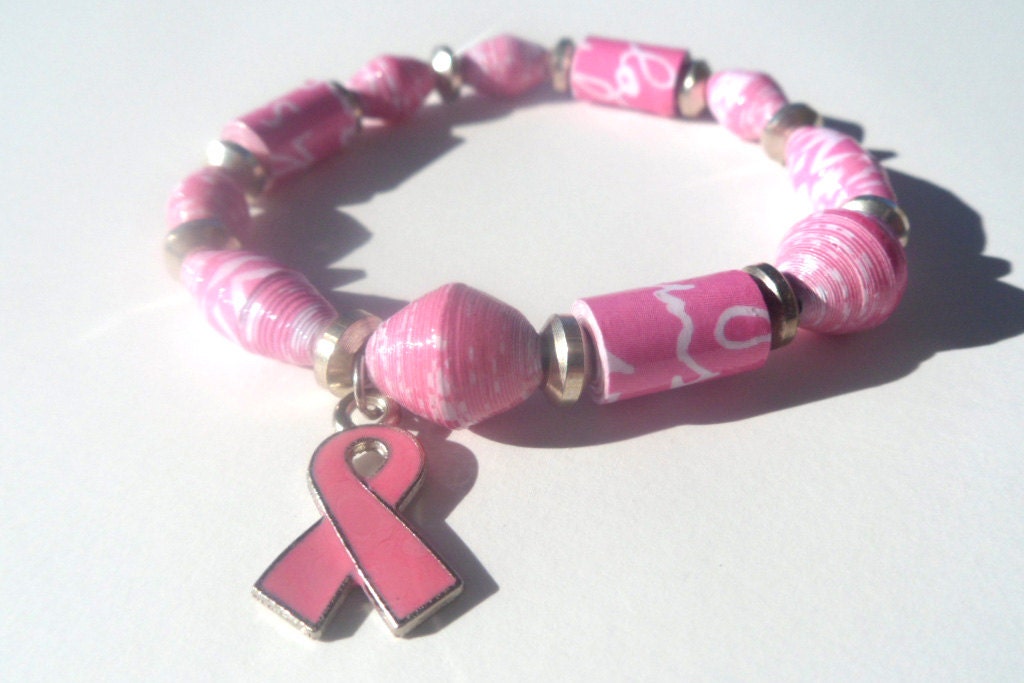 Paper Bead Bracelet Jewelry - Pink with Breast Cancer Charm Il_570xn