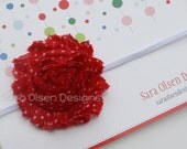 Shabby Chic Headband, Red Polka Dot Frayed Rosette, Skinny Elastic Headband, White Red, Infant Headband, Baby Headband