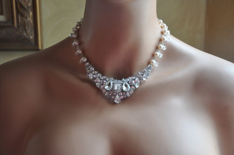 Bridal Jewelry Set,Bridal Statement Necklace,Swarovski Crystal Pearl ,Rhinestone Necklace,Bridal Necklace and Earring Set