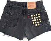 Studded Shorts Vintage Distressed High Waisted Black Denim Hipster Boho Hippie Gold Upcycled Levi Small Medium W28