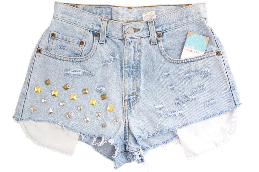 Studded Shorts Vintage Distressed High Waisted Denim Aztec Tribal Pattern Levi Hipster Boho Coachella Pocket Upcycled Medium Large W29