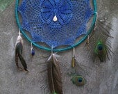 mni. handmade vintage lace doily dream catcher in deep periwinkle and teal.