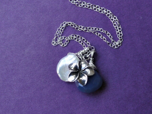 Plumeria flower necklace, STERLING SILVER, blue Chalcedony briolette, charm necklace, white Keshi pearl, botanical