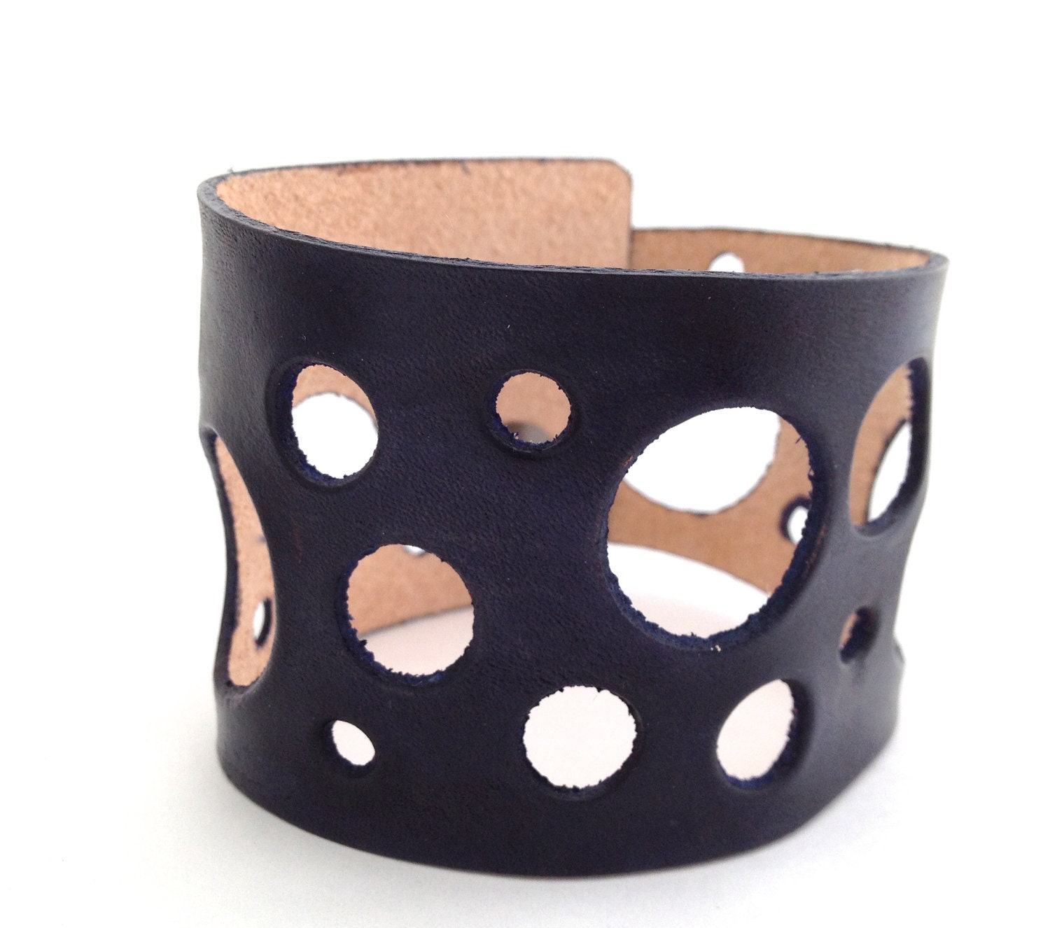 Leather, Midnight Blue, Swiss Cheese, Wide Cuff Bracelet