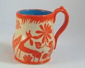 Orange DEER Mug Sgraffito Carved Design on Stoneware Pottery