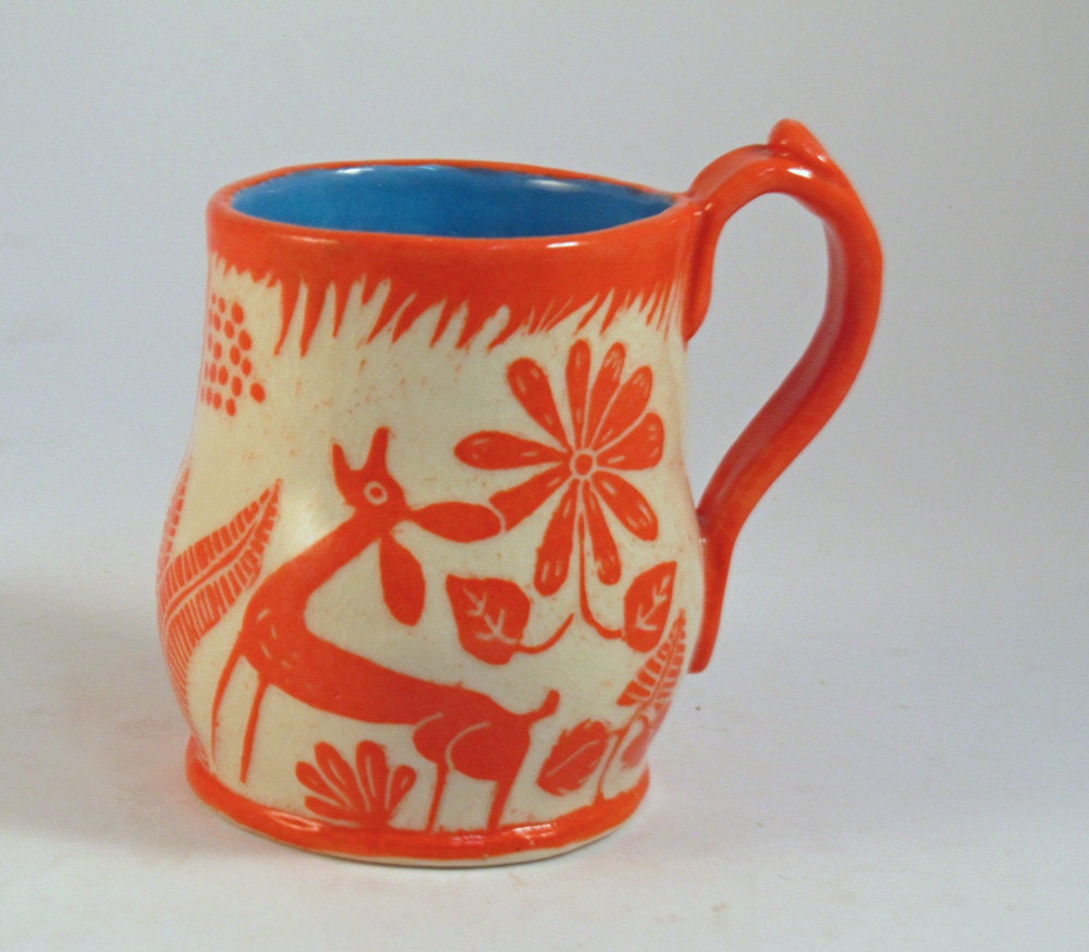 Orange DEER Mug Sgraffito Carved Design on Stoneware Pottery