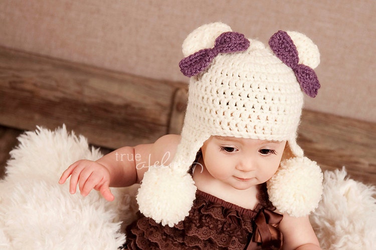 NEW ITEM Cream Teddy Bear Earflap Hat w/ 2 Pom Poms
