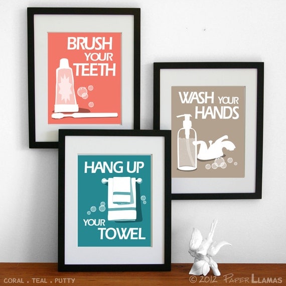 Bathroom Art Prints, Wash Your Hands, Brush Your Teeth, Wash behind your ears, No splashing, Pick 3 -custom colors- 5x7