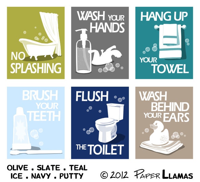 Kids Bathroom Art Prints, Wash Your Hands, Brush Your Teeth, children's bathroom wall art -  Pick 3 - Bathroom rules art for the bathroom