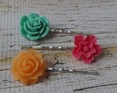 Brazil Bobby Pins Set - Three Pieces Silver Plated Bobby Pins with Turquoise, Hot Pink and Orange Floral Cabochons