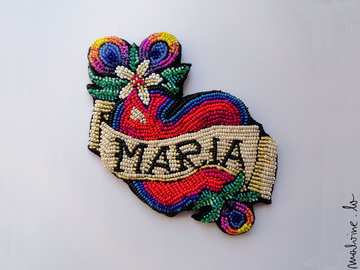 Custom made pinup style old school tattoo - colorful beaded brooch "This time Maria" - MADE TO ORDER