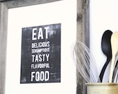 SALE Eat DELICIOUS Food Kitchen Poster Art Block Print 8 x 10 Home Decor / Black, Taupe, Red, Yellow, / Hand Pulled Linocut