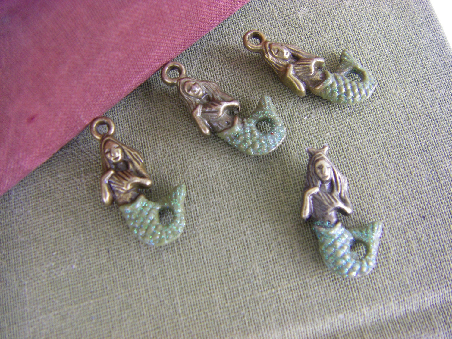 6 Hand Painted  Brass Mermaid Charms - green shimmer tails quantity 6
