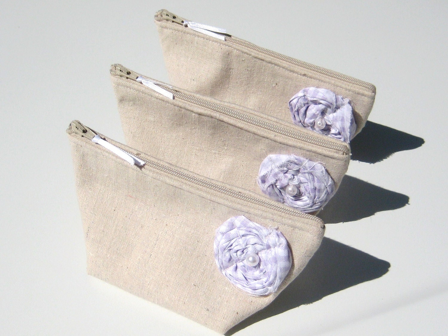 Recycled Linen Bridesmaids Clutch Purse, Lavender Flower - Set of 3