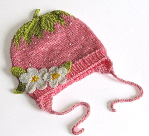 Pink Strawberry Baby girls hat knit baby girls hat  / size 0-3M